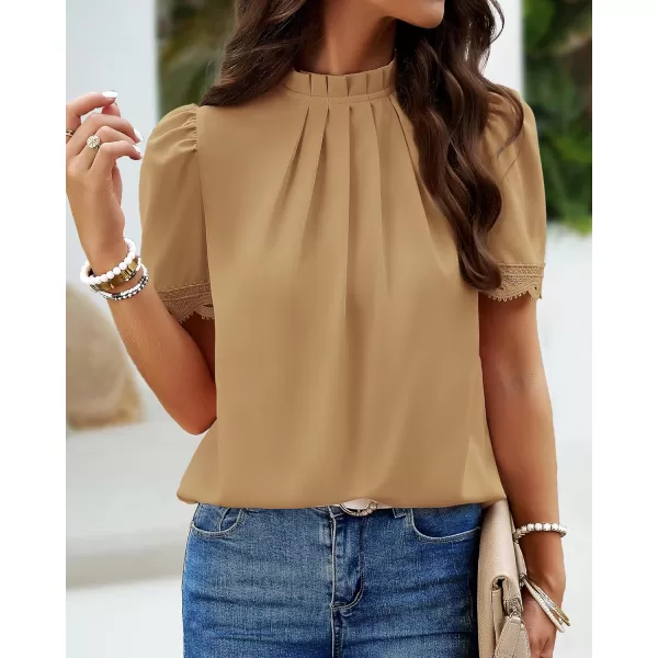imageBTFBM Womens Spring Tops 2024 Pleated Mock Neck Lace Trim Short Sleeve Summer Shirts Dressy Casual Top Blouse ShirtSolid Light Khaki