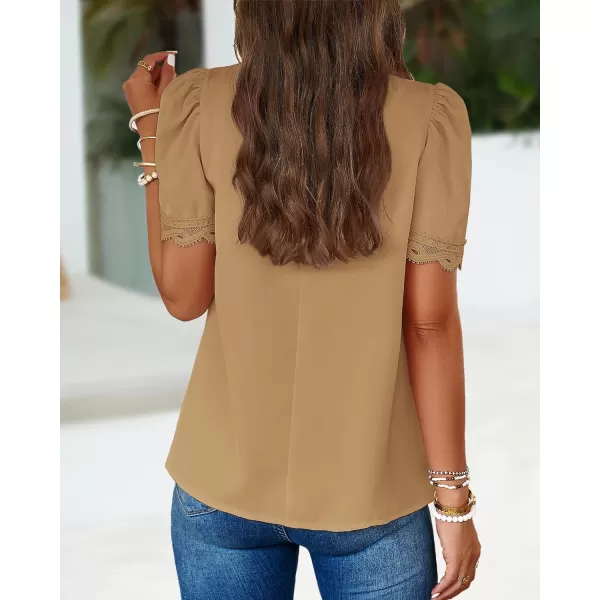 imageBTFBM Womens Spring Tops 2024 Pleated Mock Neck Lace Trim Short Sleeve Summer Shirts Dressy Casual Top Blouse ShirtSolid Light Khaki