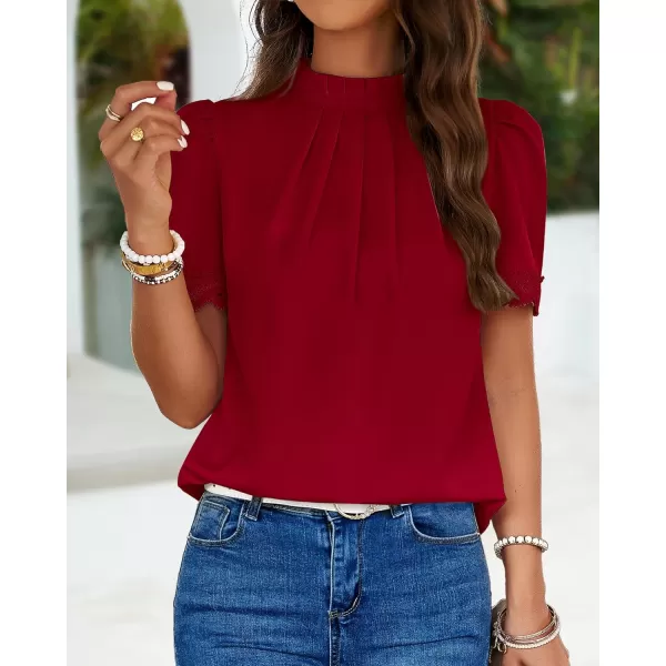 imageBTFBM Womens Spring Tops 2024 Pleated Mock Neck Lace Trim Short Sleeve Summer Shirts Dressy Casual Top Blouse ShirtSolid Red