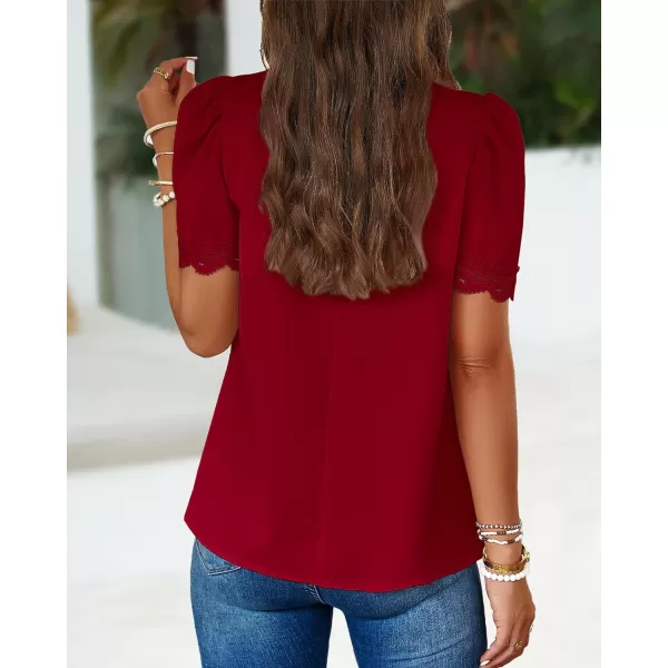 imageBTFBM Womens Spring Tops 2024 Pleated Mock Neck Lace Trim Short Sleeve Summer Shirts Dressy Casual Top Blouse ShirtSolid Red