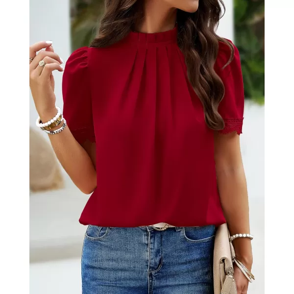imageBTFBM Womens Spring Tops 2024 Pleated Mock Neck Lace Trim Short Sleeve Summer Shirts Dressy Casual Top Blouse ShirtSolid Red