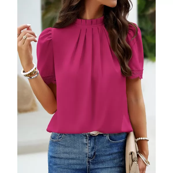 imageBTFBM Womens Spring Tops 2024 Pleated Mock Neck Lace Trim Short Sleeve Summer Shirts Dressy Casual Top Blouse ShirtSolid Rose Red