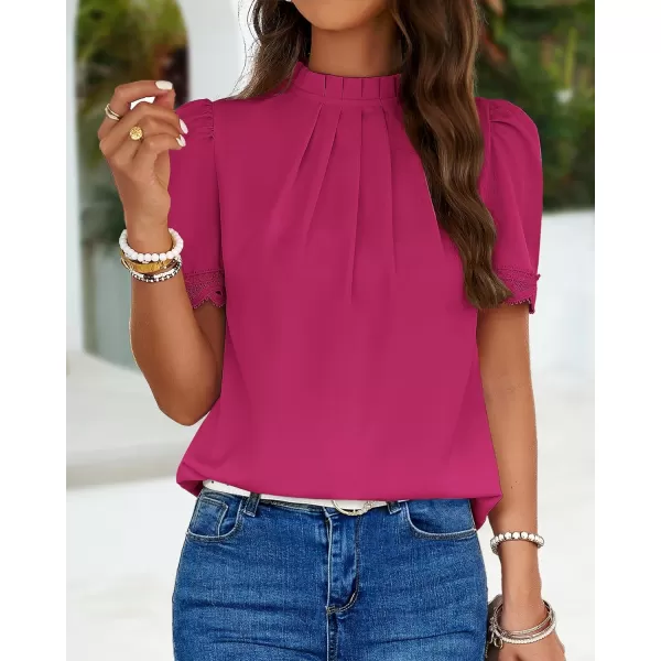 imageBTFBM Womens Spring Tops 2024 Pleated Mock Neck Lace Trim Short Sleeve Summer Shirts Dressy Casual Top Blouse ShirtSolid Rose Red