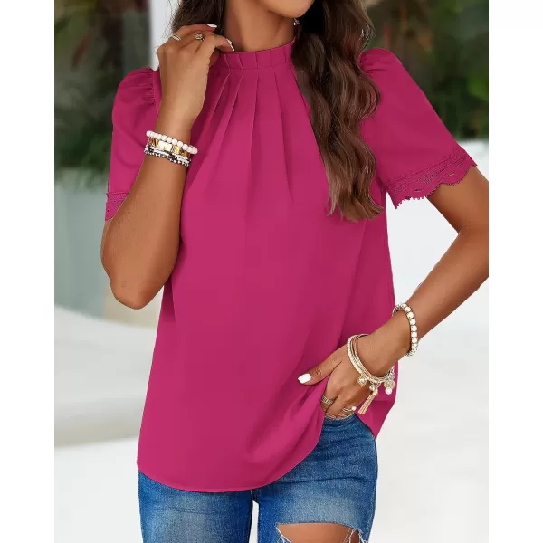 imageBTFBM Womens Spring Tops 2024 Pleated Mock Neck Lace Trim Short Sleeve Summer Shirts Dressy Casual Top Blouse ShirtSolid Rose Red