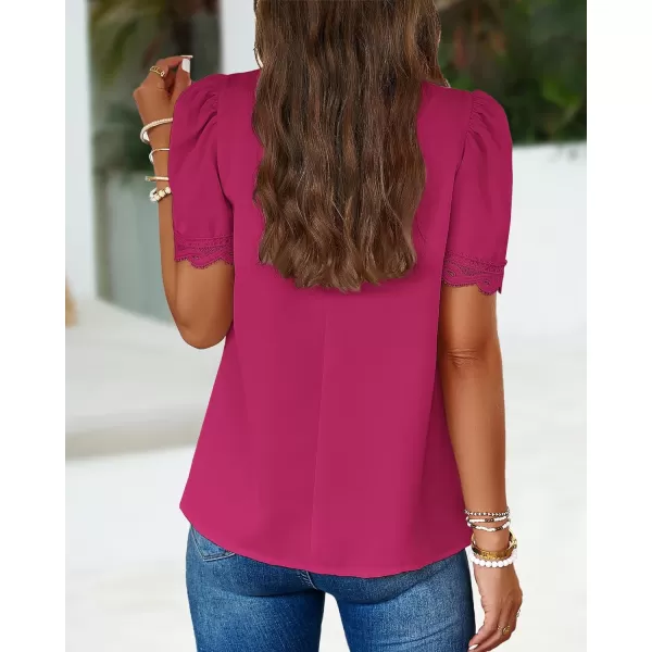 imageBTFBM Womens Spring Tops 2024 Pleated Mock Neck Lace Trim Short Sleeve Summer Shirts Dressy Casual Top Blouse ShirtSolid Rose Red