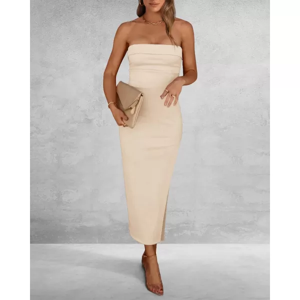 imageBTFBM Womens Strapless Tube Dress 2024 Summer Knit Backless Slit Formal Bodycon Wedding Cocktail Party Maxi DressesSolid Beige