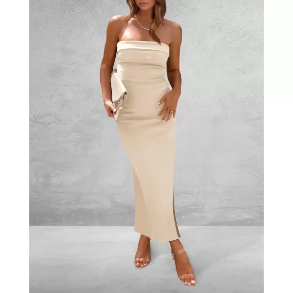 imageBTFBM Womens Strapless Tube Dress 2024 Summer Knit Backless Slit Formal Bodycon Wedding Cocktail Party Maxi DressesSolid Beige