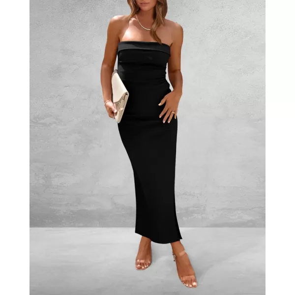 imageBTFBM Womens Strapless Tube Dress 2024 Summer Knit Backless Slit Formal Bodycon Wedding Cocktail Party Maxi DressesSolid Black