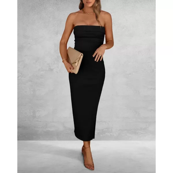 imageBTFBM Womens Strapless Tube Dress 2024 Summer Knit Backless Slit Formal Bodycon Wedding Cocktail Party Maxi DressesSolid Black