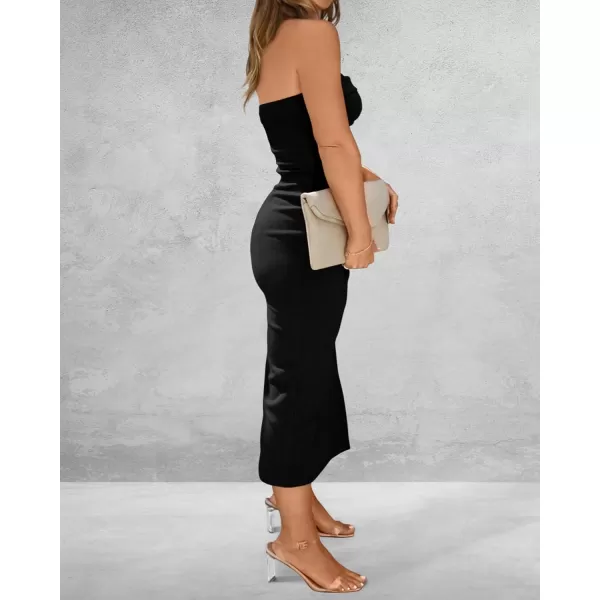 imageBTFBM Womens Strapless Tube Dress 2024 Summer Knit Backless Slit Formal Bodycon Wedding Cocktail Party Maxi DressesSolid Black
