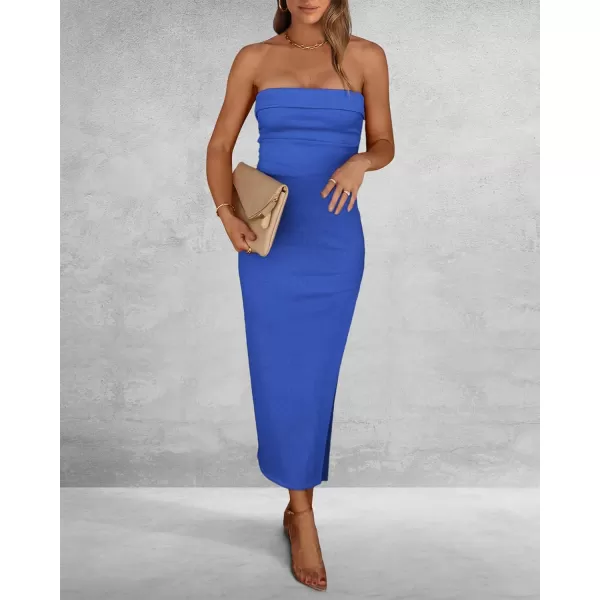 imageBTFBM Womens Strapless Tube Dress 2024 Summer Knit Backless Slit Formal Bodycon Wedding Cocktail Party Maxi DressesSolid Blue