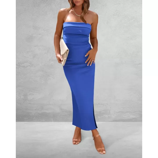 imageBTFBM Womens Strapless Tube Dress 2024 Summer Knit Backless Slit Formal Bodycon Wedding Cocktail Party Maxi DressesSolid Blue