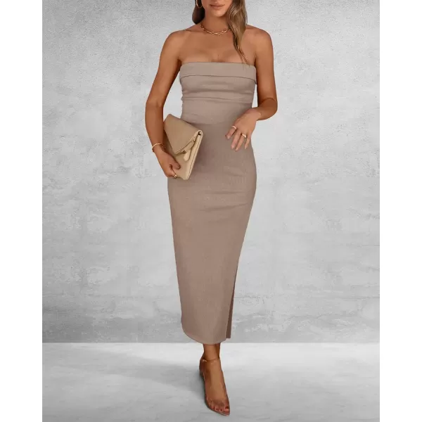 imageBTFBM Womens Strapless Tube Dress 2024 Summer Knit Backless Slit Formal Bodycon Wedding Cocktail Party Maxi DressesSolid Khaki