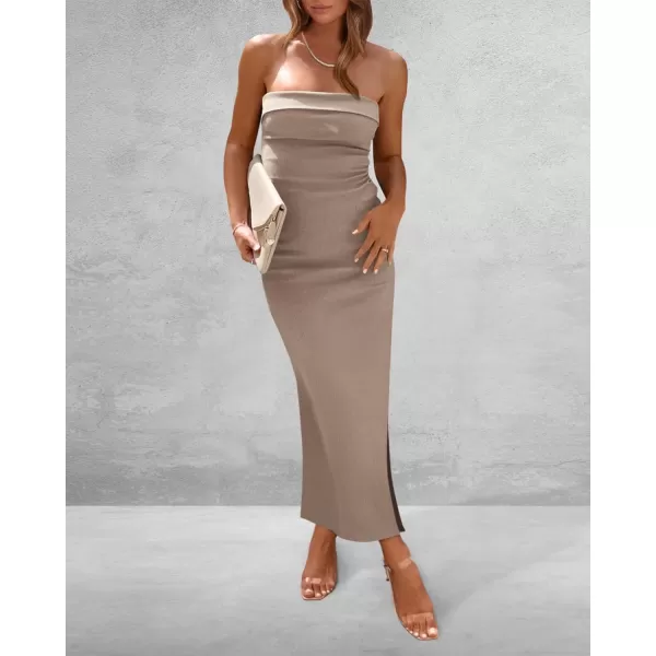 imageBTFBM Womens Strapless Tube Dress 2024 Summer Knit Backless Slit Formal Bodycon Wedding Cocktail Party Maxi DressesSolid Khaki