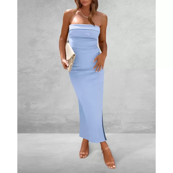 imageBTFBM Womens Strapless Tube Dress 2024 Summer Knit Backless Slit Formal Bodycon Wedding Cocktail Party Maxi DressesSolid Light Blue