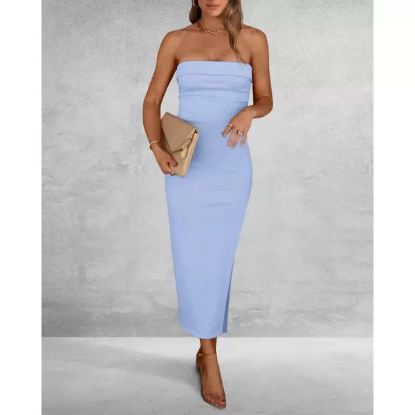 imageBTFBM Womens Strapless Tube Dress 2024 Summer Knit Backless Slit Formal Bodycon Wedding Cocktail Party Maxi DressesSolid Light Blue