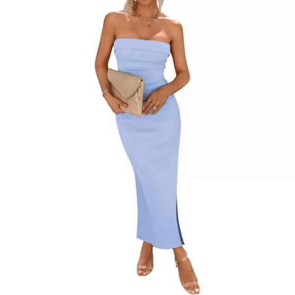 imageBTFBM Womens Strapless Tube Dress 2024 Summer Knit Backless Slit Formal Bodycon Wedding Cocktail Party Maxi DressesSolid Light Blue