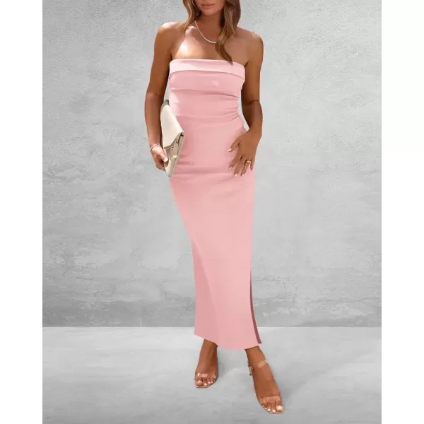 imageBTFBM Womens Strapless Tube Dress 2024 Summer Knit Backless Slit Formal Bodycon Wedding Cocktail Party Maxi DressesSolid Pink