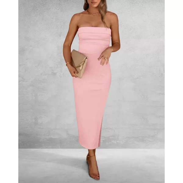 imageBTFBM Womens Strapless Tube Dress 2024 Summer Knit Backless Slit Formal Bodycon Wedding Cocktail Party Maxi DressesSolid Pink