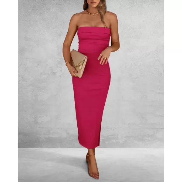 imageBTFBM Womens Strapless Tube Dress 2024 Summer Knit Backless Slit Formal Bodycon Wedding Cocktail Party Maxi DressesSolid Rose Red