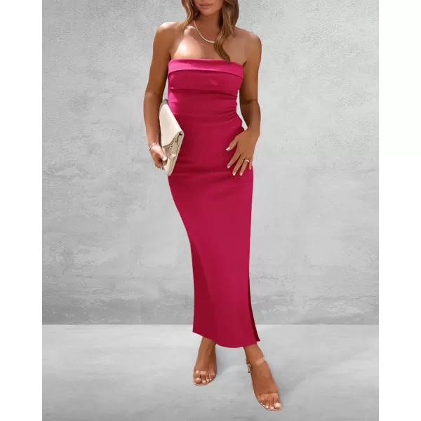 imageBTFBM Womens Strapless Tube Dress 2024 Summer Knit Backless Slit Formal Bodycon Wedding Cocktail Party Maxi DressesSolid Rose Red