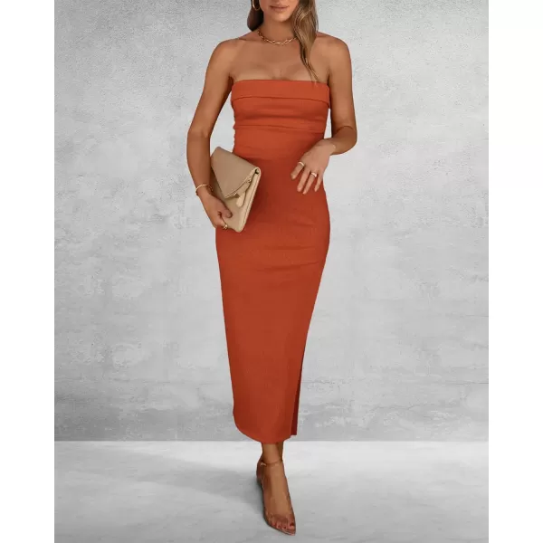 imageBTFBM Womens Strapless Tube Dress 2024 Summer Knit Backless Slit Formal Bodycon Wedding Cocktail Party Maxi DressesSolid Rust Red