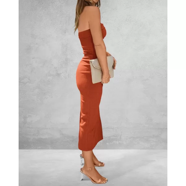 imageBTFBM Womens Strapless Tube Dress 2024 Summer Knit Backless Slit Formal Bodycon Wedding Cocktail Party Maxi DressesSolid Rust Red