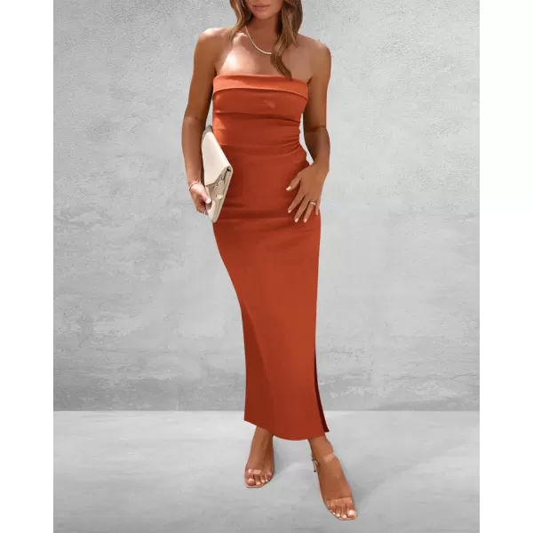 imageBTFBM Womens Strapless Tube Dress 2024 Summer Knit Backless Slit Formal Bodycon Wedding Cocktail Party Maxi DressesSolid Rust Red