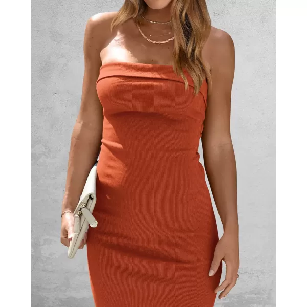 imageBTFBM Womens Strapless Tube Dress 2024 Summer Knit Backless Slit Formal Bodycon Wedding Cocktail Party Maxi DressesSolid Rust Red