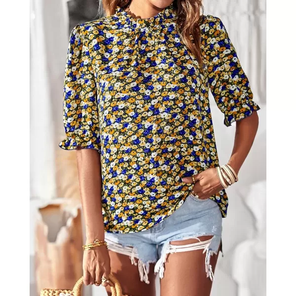 imageBTFBM Womens Summer Boho Shirt Top Ruffle Short Sleeve Frill Trim Mock Neck Floral Solid 2023 Casual Blouses Shirts TopsFloral Black