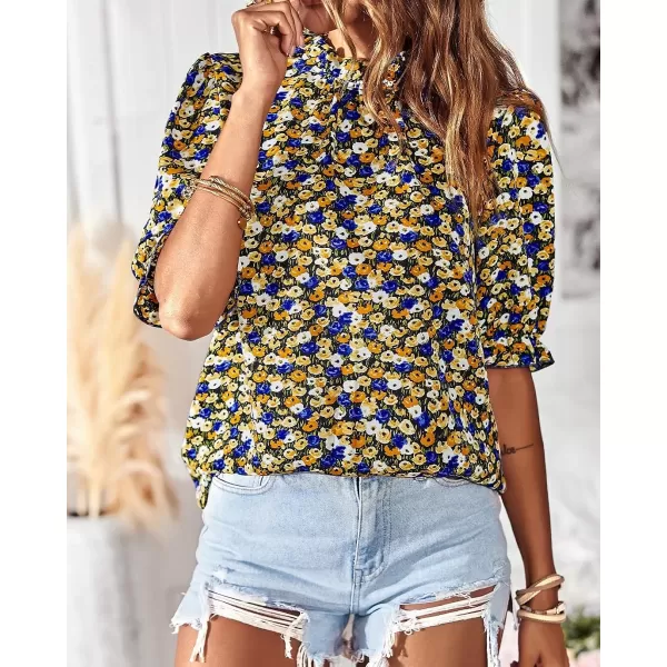 imageBTFBM Womens Summer Boho Shirt Top Ruffle Short Sleeve Frill Trim Mock Neck Floral Solid 2023 Casual Blouses Shirts TopsFloral Black