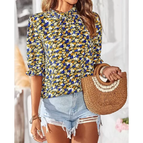imageBTFBM Womens Summer Boho Shirt Top Ruffle Short Sleeve Frill Trim Mock Neck Floral Solid 2023 Casual Blouses Shirts TopsFloral Black
