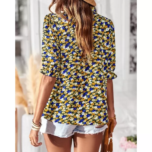 imageBTFBM Womens Summer Boho Shirt Top Ruffle Short Sleeve Frill Trim Mock Neck Floral Solid 2023 Casual Blouses Shirts TopsFloral Black