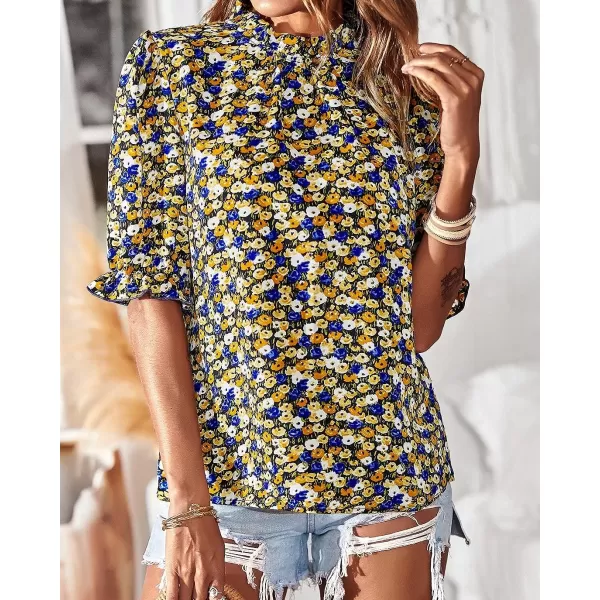 imageBTFBM Womens Summer Boho Shirt Top Ruffle Short Sleeve Frill Trim Mock Neck Floral Solid 2023 Casual Blouses Shirts TopsFloral Black