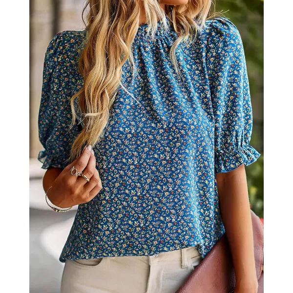 imageBTFBM Womens Summer Boho Shirt Top Ruffle Short Sleeve Frill Trim Mock Neck Floral Solid 2023 Casual Blouses Shirts TopsFloral Blue