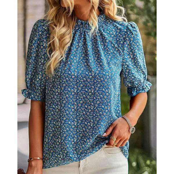 imageBTFBM Womens Summer Boho Shirt Top Ruffle Short Sleeve Frill Trim Mock Neck Floral Solid 2023 Casual Blouses Shirts TopsFloral Blue
