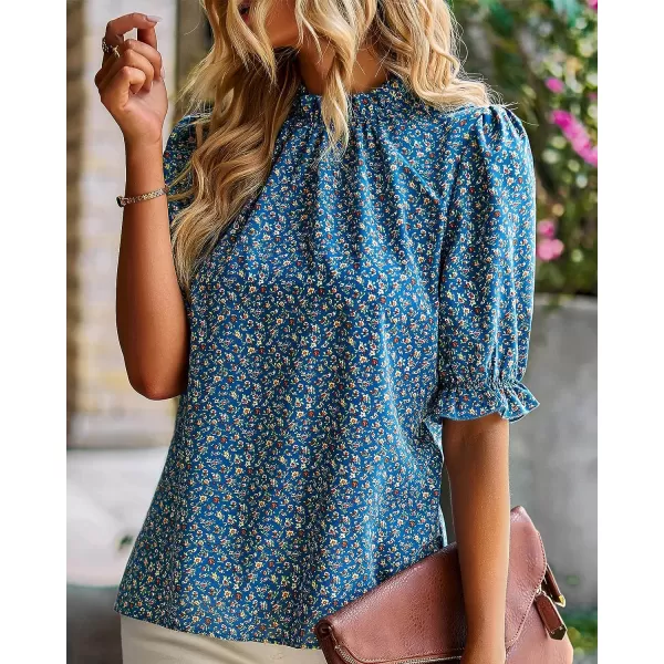 imageBTFBM Womens Summer Boho Shirt Top Ruffle Short Sleeve Frill Trim Mock Neck Floral Solid 2023 Casual Blouses Shirts TopsFloral Blue