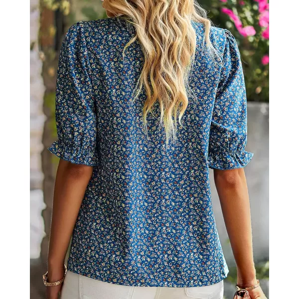 imageBTFBM Womens Summer Boho Shirt Top Ruffle Short Sleeve Frill Trim Mock Neck Floral Solid 2023 Casual Blouses Shirts TopsFloral Blue