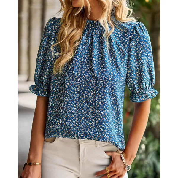 imageBTFBM Womens Summer Boho Shirt Top Ruffle Short Sleeve Frill Trim Mock Neck Floral Solid 2023 Casual Blouses Shirts TopsFloral Blue