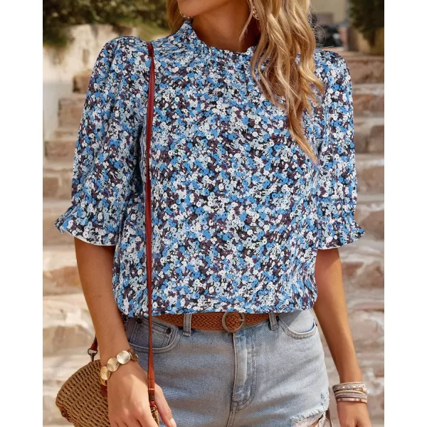 imageBTFBM Womens Summer Boho Shirt Top Ruffle Short Sleeve Frill Trim Mock Neck Floral Solid 2023 Casual Blouses Shirts TopsFloral Blue White
