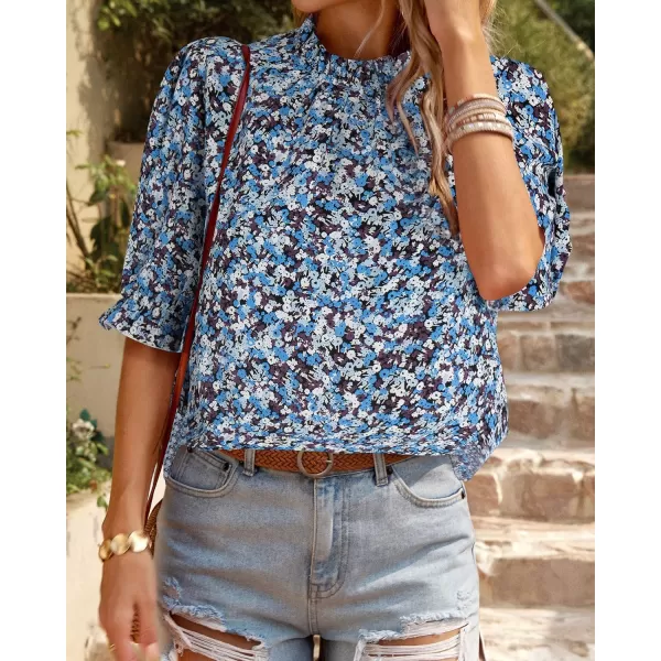 imageBTFBM Womens Summer Boho Shirt Top Ruffle Short Sleeve Frill Trim Mock Neck Floral Solid 2023 Casual Blouses Shirts TopsFloral Blue White