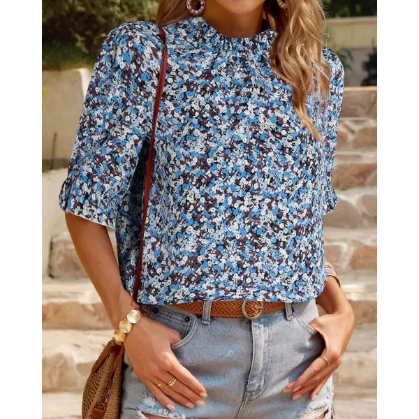 imageBTFBM Womens Summer Boho Shirt Top Ruffle Short Sleeve Frill Trim Mock Neck Floral Solid 2023 Casual Blouses Shirts TopsFloral Blue White