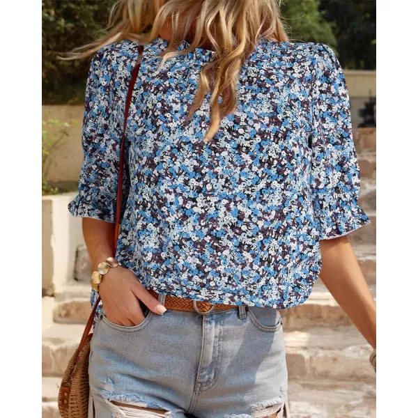 imageBTFBM Womens Summer Boho Shirt Top Ruffle Short Sleeve Frill Trim Mock Neck Floral Solid 2023 Casual Blouses Shirts TopsFloral Blue White