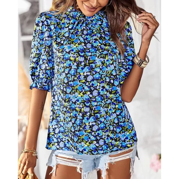 imageBTFBM Womens Summer Boho Shirt Top Ruffle Short Sleeve Frill Trim Mock Neck Floral Solid 2023 Casual Blouses Shirts TopsFloral Bright Blue