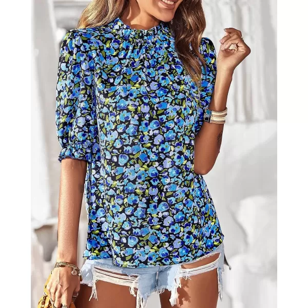 imageBTFBM Womens Summer Boho Shirt Top Ruffle Short Sleeve Frill Trim Mock Neck Floral Solid 2023 Casual Blouses Shirts TopsFloral Bright Blue