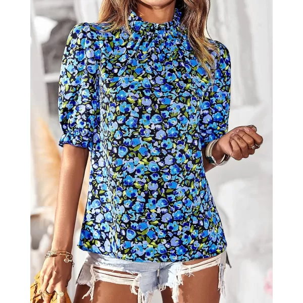 imageBTFBM Womens Summer Boho Shirt Top Ruffle Short Sleeve Frill Trim Mock Neck Floral Solid 2023 Casual Blouses Shirts TopsFloral Bright Blue