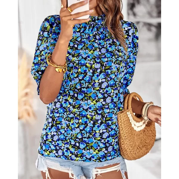 imageBTFBM Womens Summer Boho Shirt Top Ruffle Short Sleeve Frill Trim Mock Neck Floral Solid 2023 Casual Blouses Shirts TopsFloral Bright Blue
