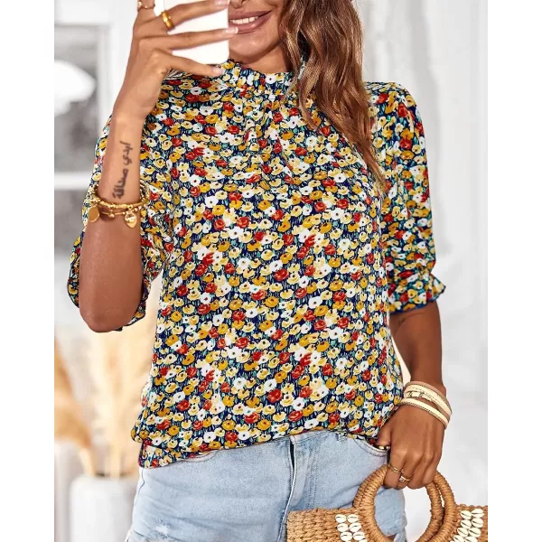 imageBTFBM Womens Summer Boho Shirt Top Ruffle Short Sleeve Frill Trim Mock Neck Floral Solid 2023 Casual Blouses Shirts TopsFloral Navy