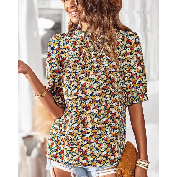 imageBTFBM Womens Summer Boho Shirt Top Ruffle Short Sleeve Frill Trim Mock Neck Floral Solid 2023 Casual Blouses Shirts TopsFloral Navy