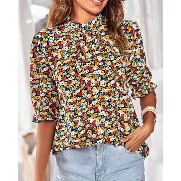 imageBTFBM Womens Summer Boho Shirt Top Ruffle Short Sleeve Frill Trim Mock Neck Floral Solid 2023 Casual Blouses Shirts TopsFloral Navy